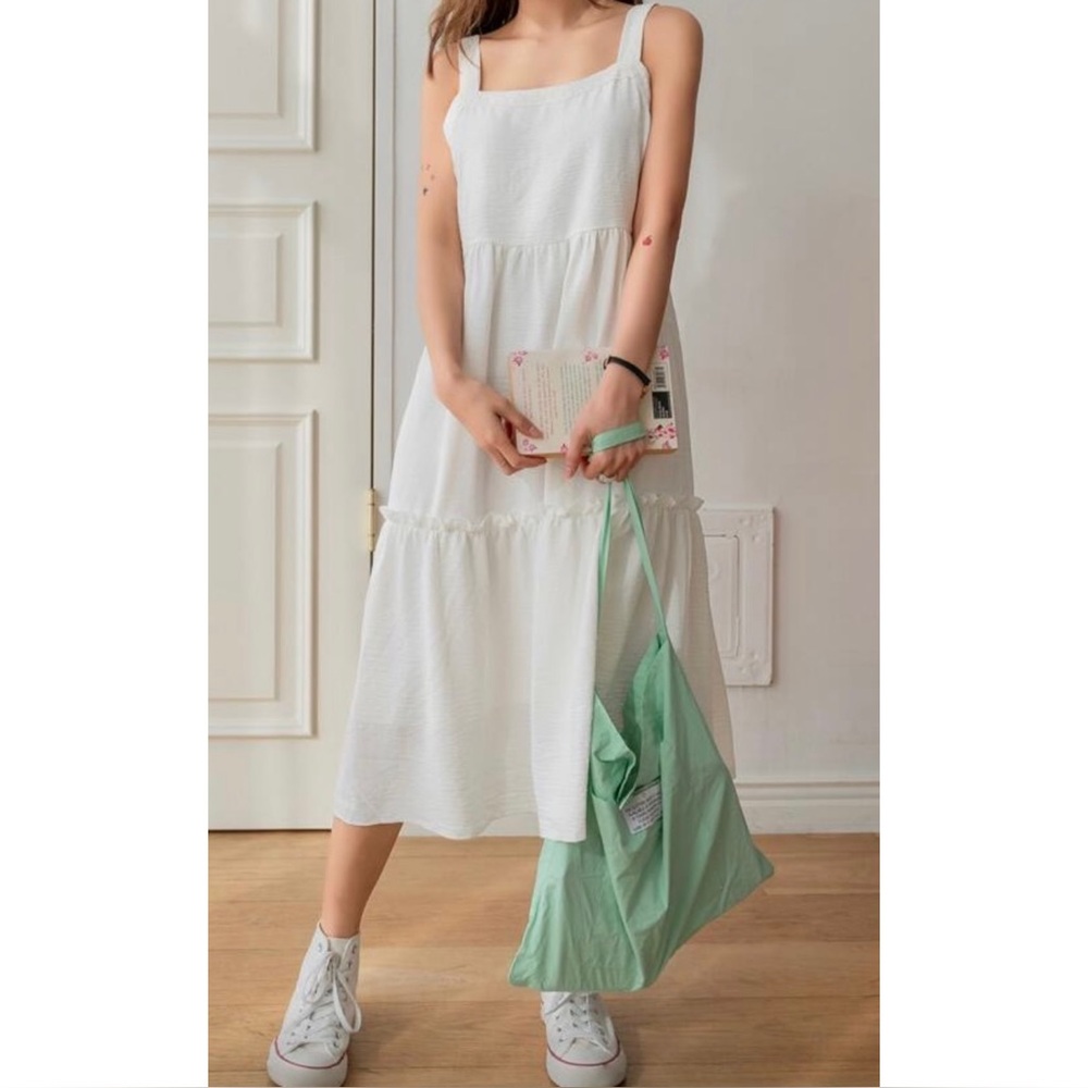 White Solid Frill Trim Tank Dress